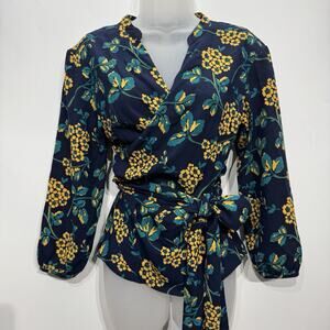 J. Crew Women's Floral Wrap Top Sz M Blue Multi Office Career Preppy Whimsical